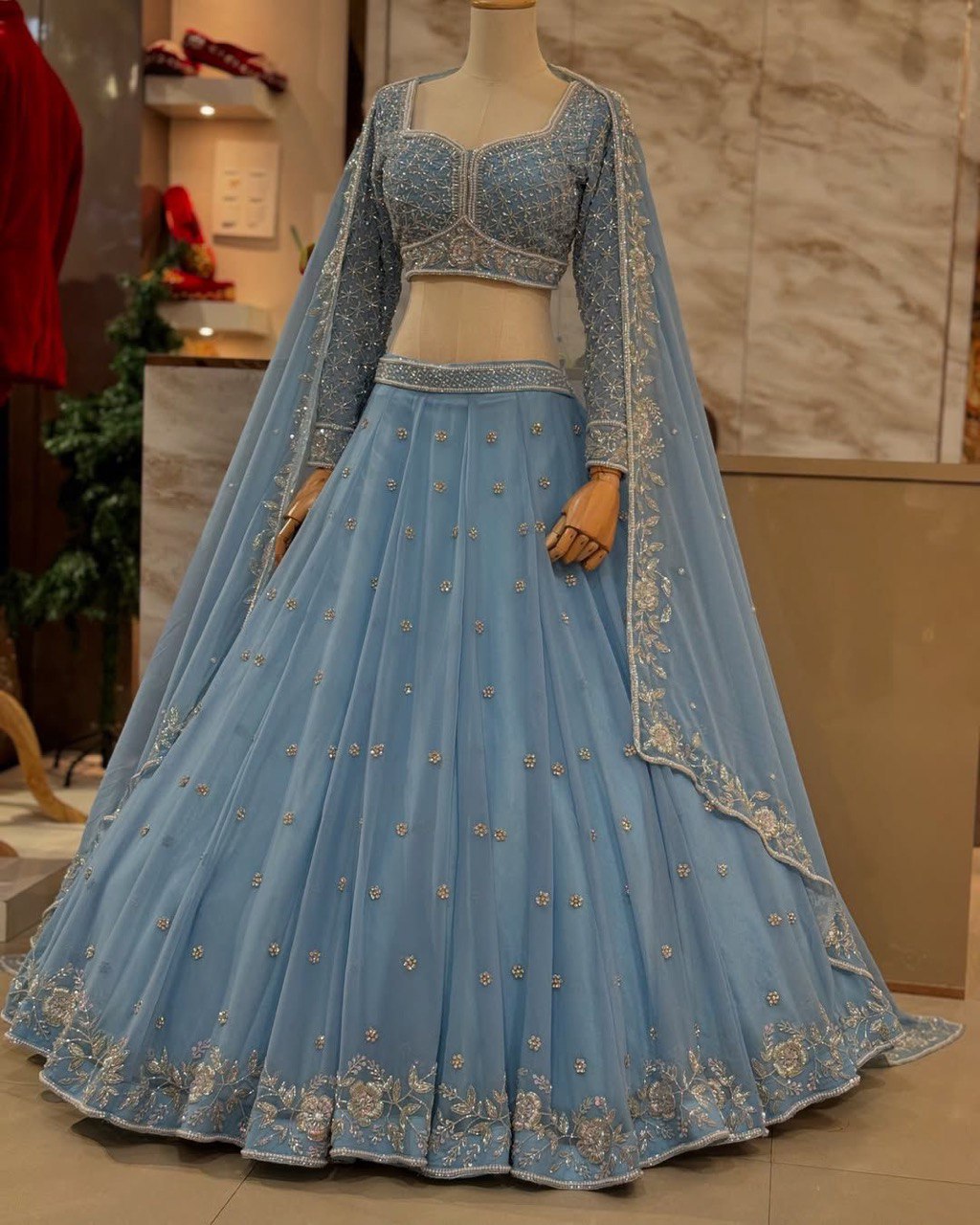 Sky Blue Fox Georgette Semi-Stitched Lehenga Set with Sequin & Rivet Moti Work