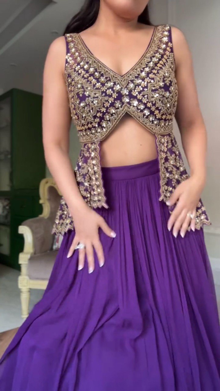 Purple Fox Georgette Semi-Stitched Lehenga Set with Fully Stitched Sequin Work Top