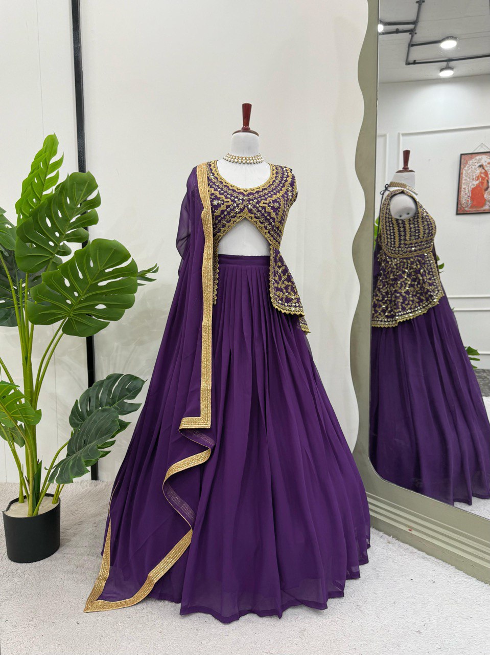 Purple Fox Georgette Semi-Stitched Lehenga Set with Fully Stitched Sequin Work Top
