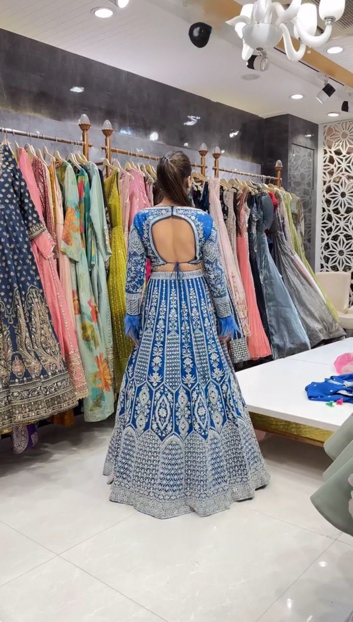 Blue Faux Georgette Semi-Stitched Lehenga Set with Coding Dori & Sequin Work