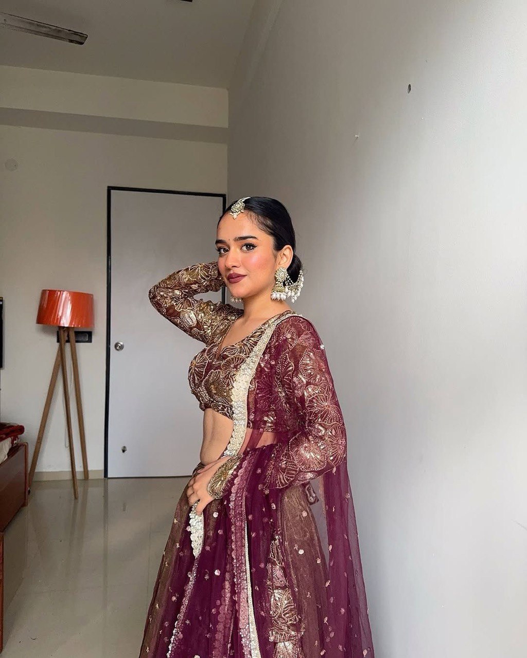 Jimi Choo Semi-Stitched Lehenga Set with Sequin Work and Butterfly Net Dupatta