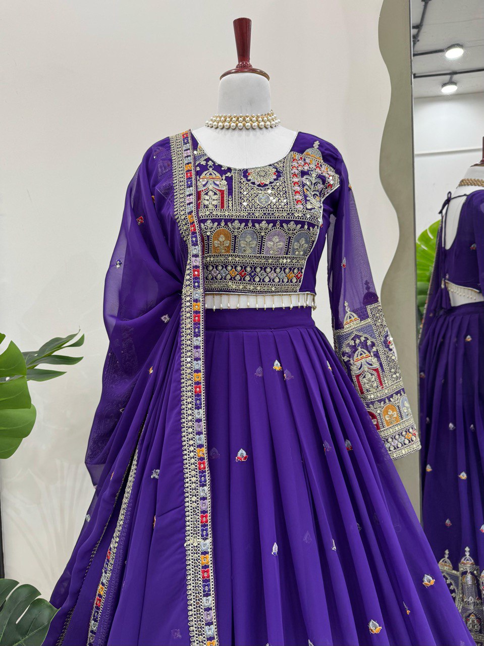 Foux Georgette Semi-Stitched Lehenga Set with Coding Dori, Thread & Sequin Work