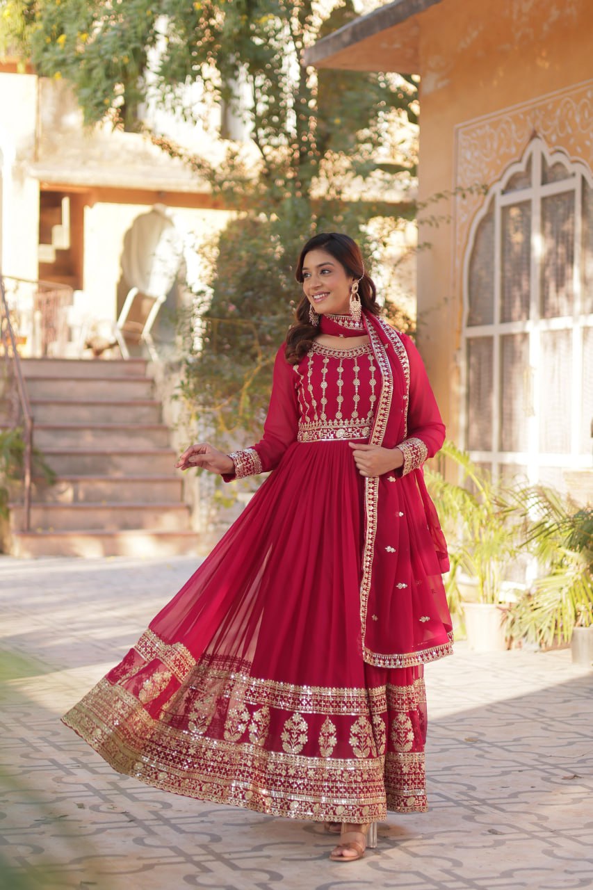 Pink Faux Blooming Embroidered Gown with Dupatta – Zari & Sequin Work