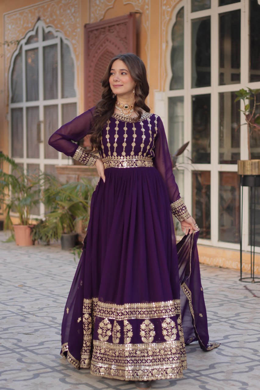 Purple Faux Blooming Embroidered Gown with Dupatta – Zari & Sequin Work
