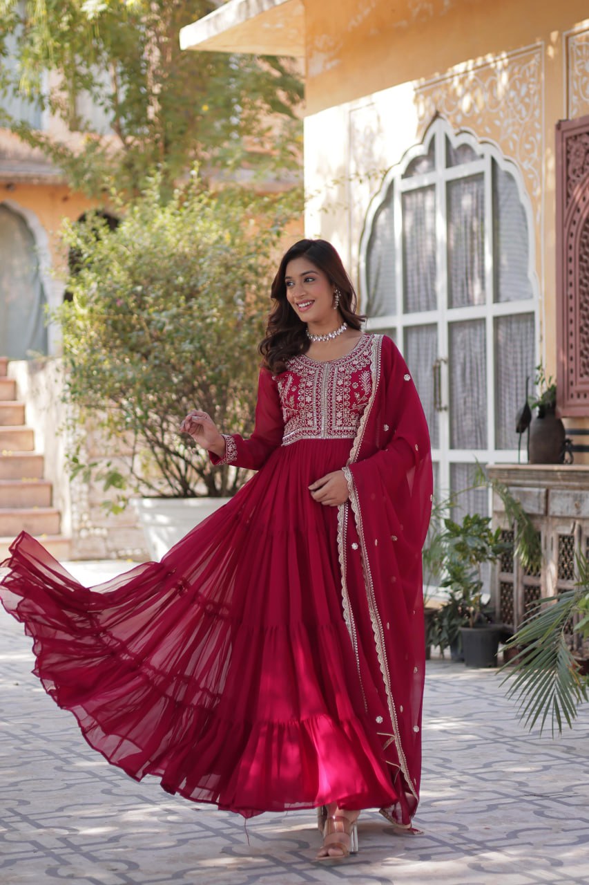 Rani Pink Faux Blooming Georgette Gown with Pearl Embroidery & Dupatta
