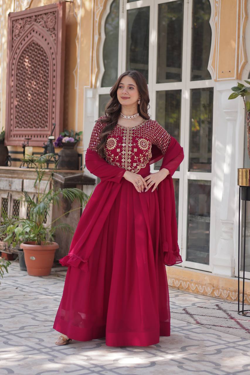 Red Embroidered Faux Blooming Georgette Gown with Dupatta