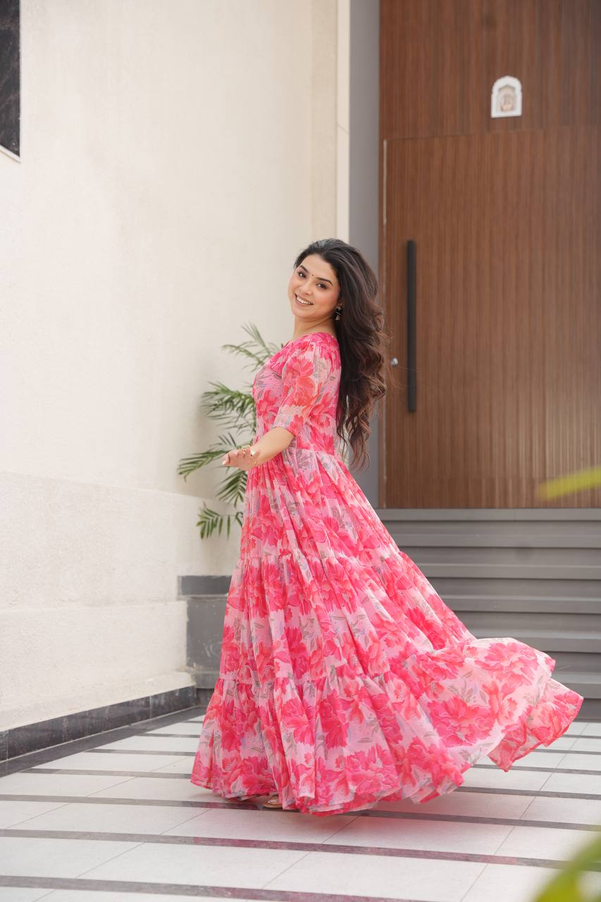 Printed Faux Georgette Pink Gown with Fancy V Neck – 12 Meter Flair Elegance
