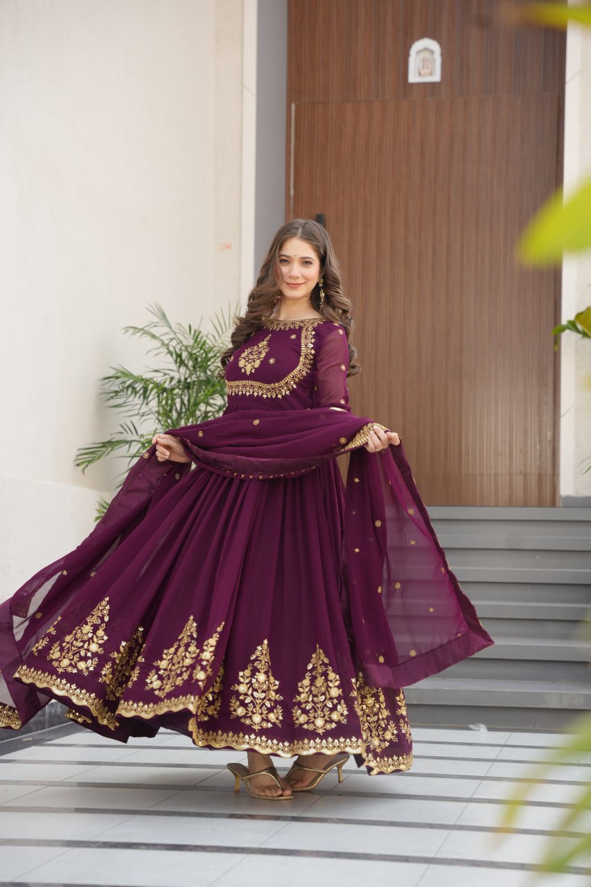 Purple Faux Blooming Georgette Embroidered Gown with Dupatta