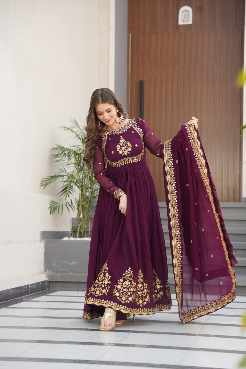 Purple Faux Blooming Georgette Embroidered Gown with Dupatta
