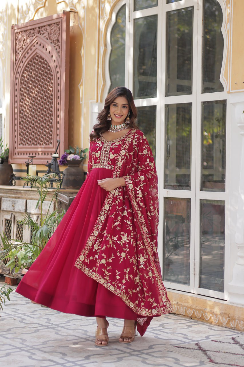 Pink Faux Blooming Multi-Sequins & Zari Embroidered Gown with Dupatta