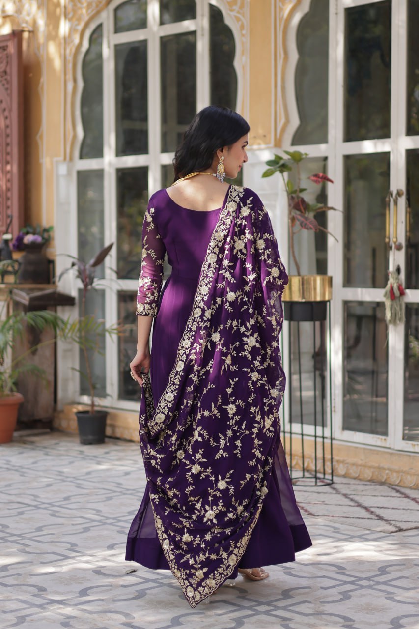 Purple Faux Blooming Multi-Sequins & Zari Embroidered Gown with Dupatta