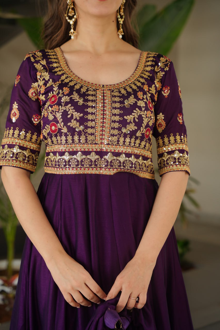 Vichitra Silk Sequins & Zari Embroidered Purple Gown with Dupatta