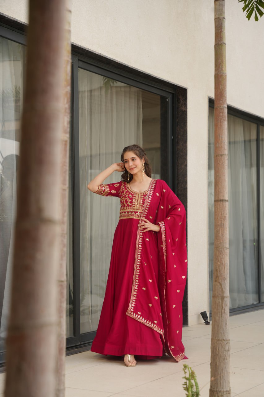 Vichitra Silk Sequins & Zari Embroidered Pink Gown with Dupatta