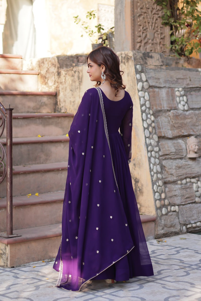 Purple Faux Blooming Sequins & Beads Embroidered Gown with Dupatta