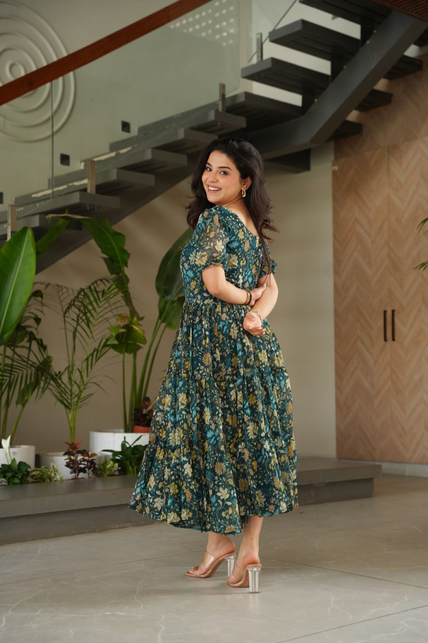 Green Printed Faux Georgette Gown with Cotton Lining – 12 Meter Flair