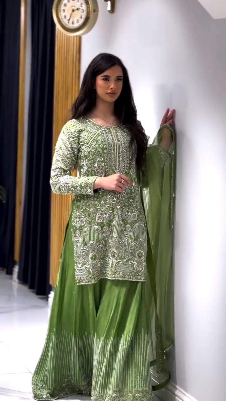 Pure Chinnon Silk Embroidered Sharara Suit with Dupatta – Fully Stitched
