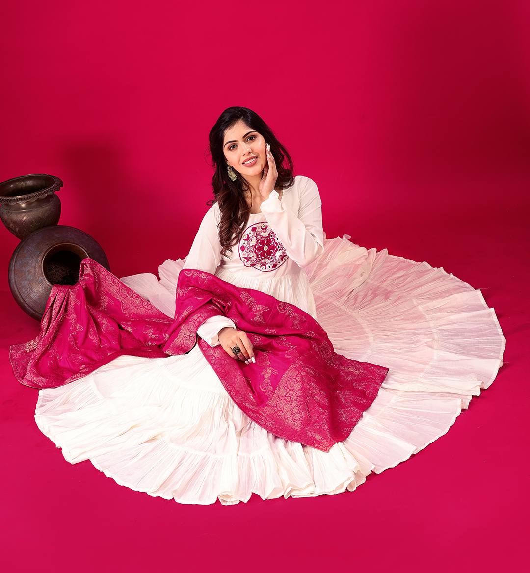 Elegant Off White Roman Silk Gown Set | Festive & Wedding Wear