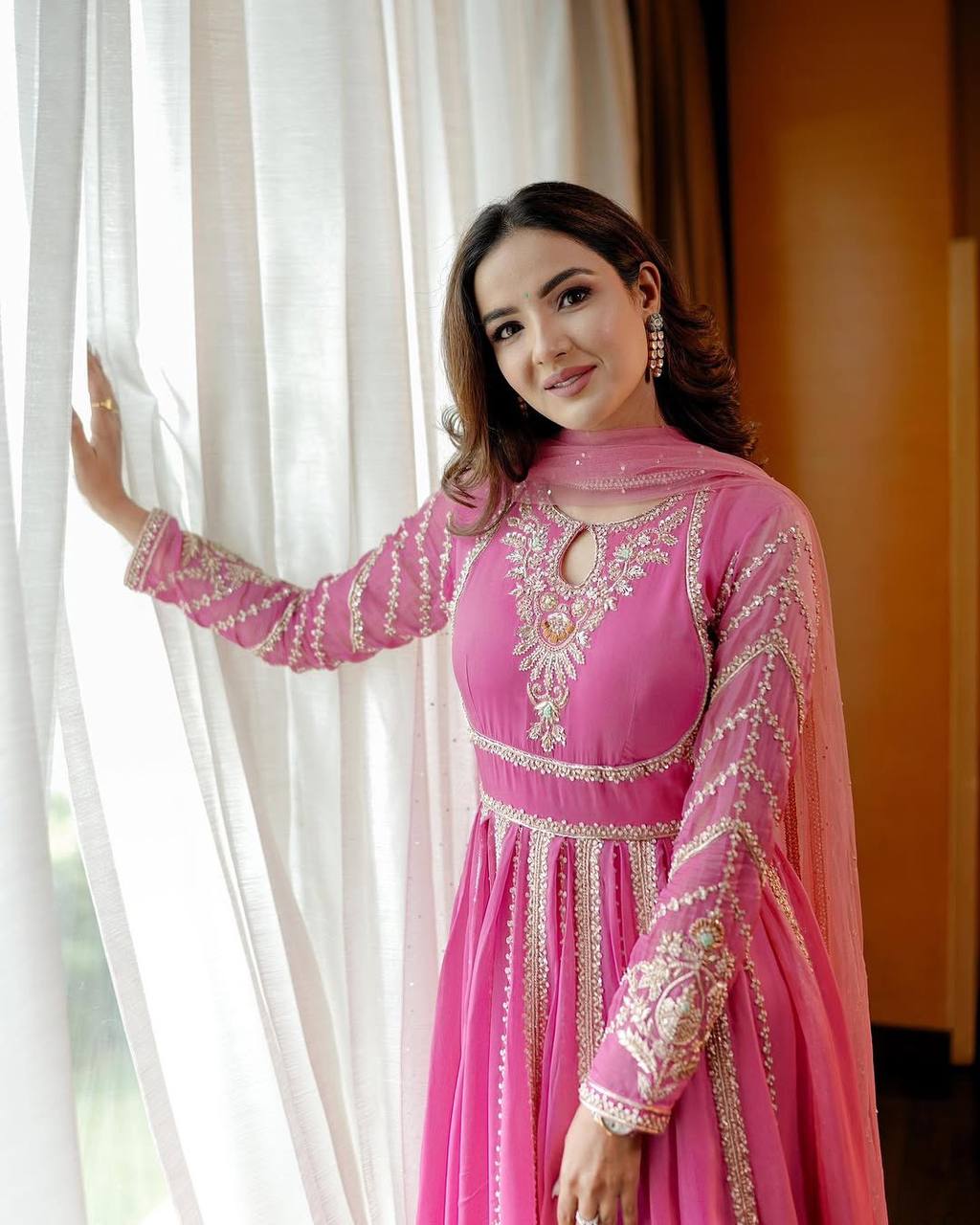 Faux Georgette Embroidered Gown Set with Dupatta – Elegant Festive Wear