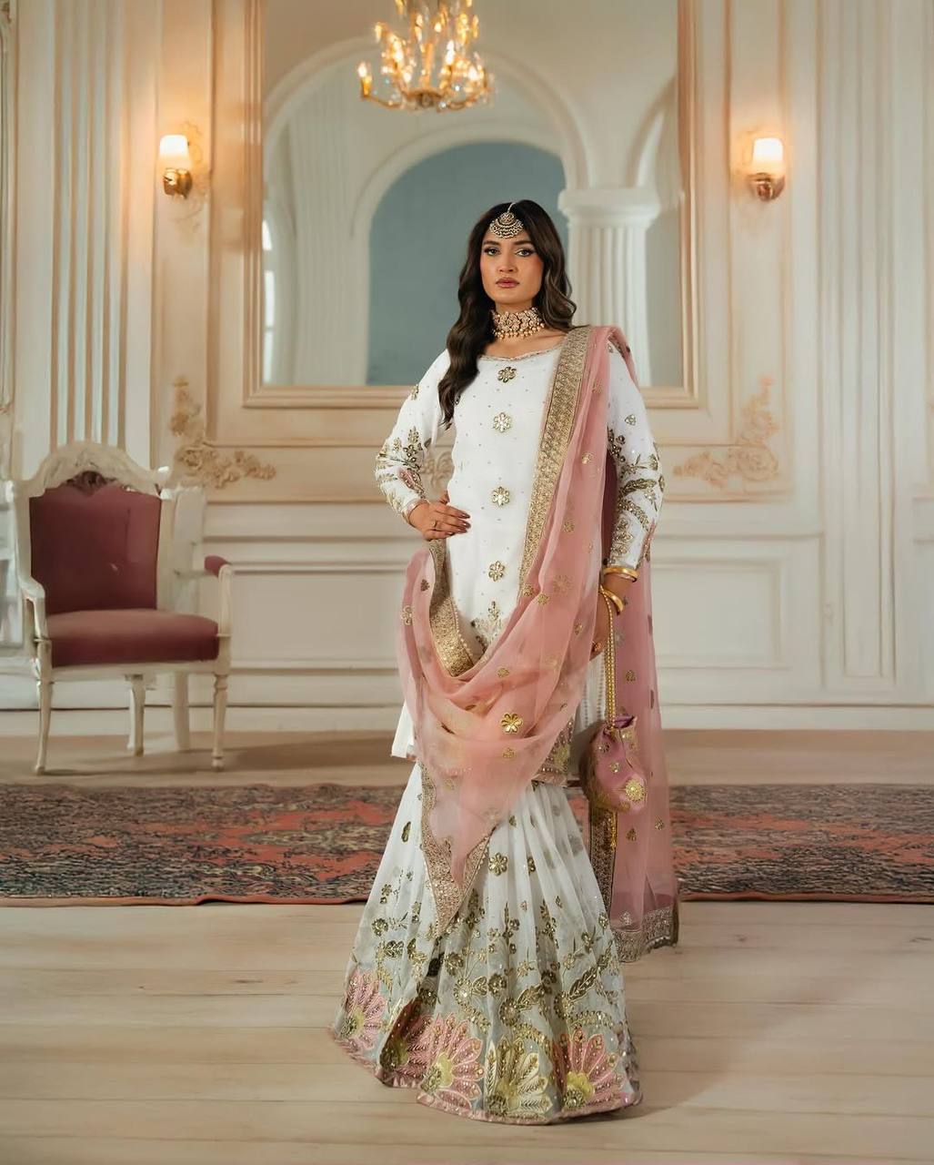 Heavy White Faux Georgette Embroidered Sharara Set with Net Dupatta – Fully Stitched