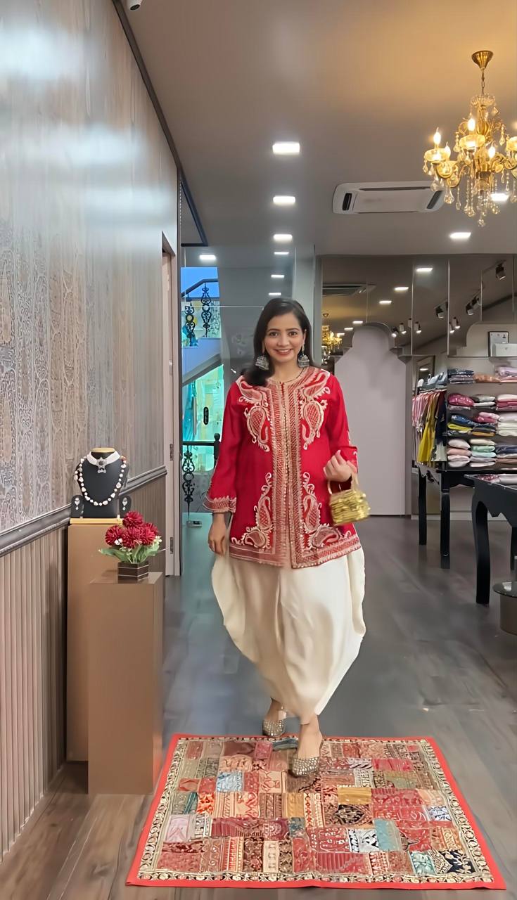 Heavy Red Chinon Silk Embroidered Dhoti Style Suit with Rivet Moti Dupatta – Fully Stitched