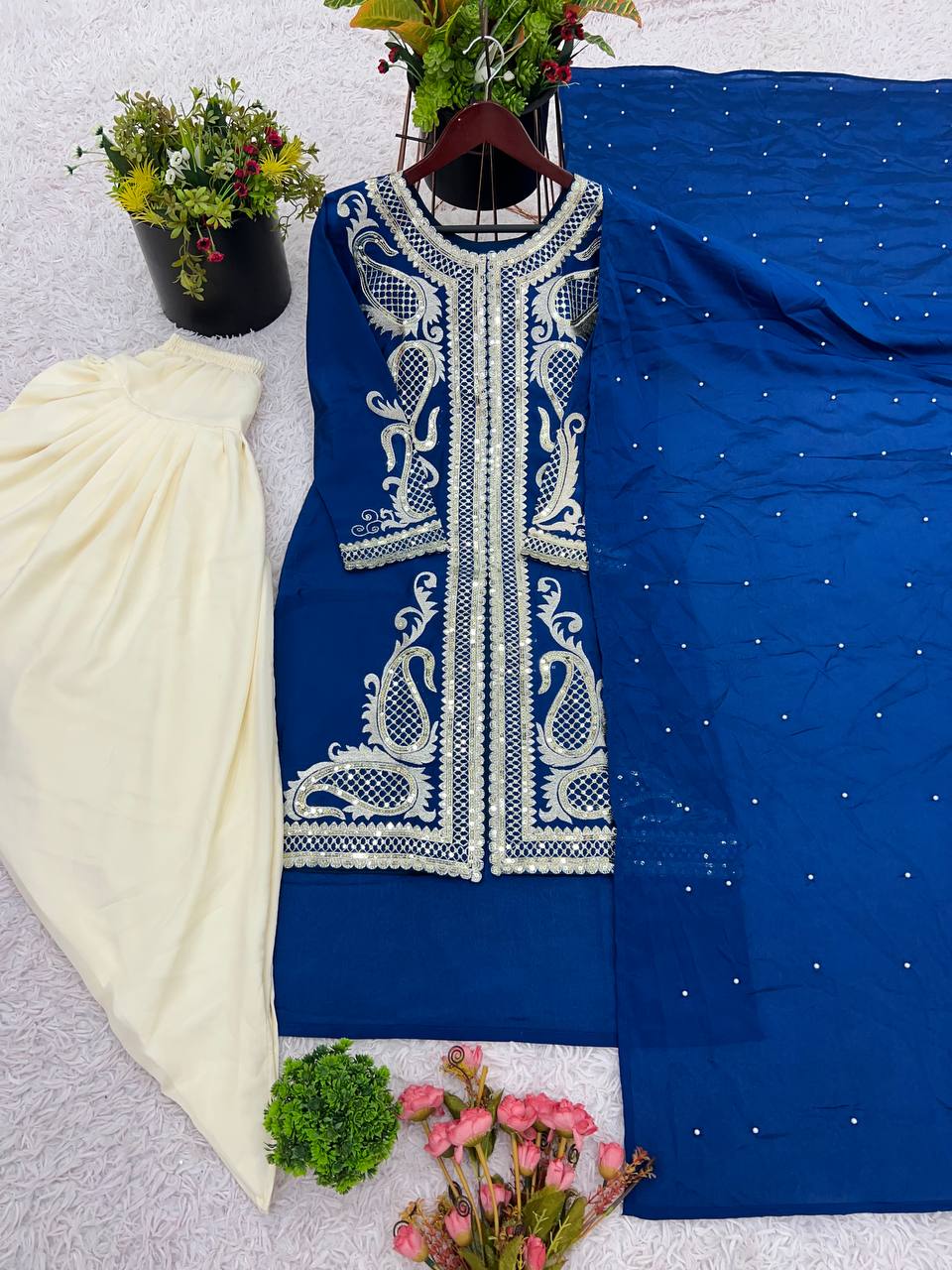 Heavy Blue Chinon Silk Embroidered Dhoti Style Suit with Rivet Moti Dupatta – Fully Stitched