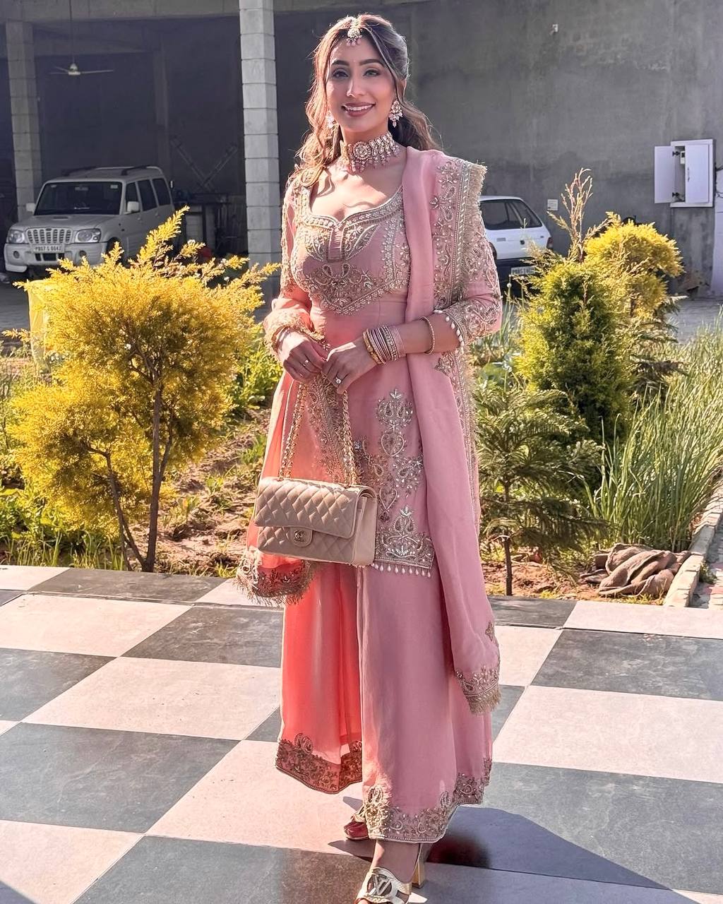 Heavy Pure Chinnon Pink Sharara Suit with Embroidery Sequence and Dupatta – Fully Stitched