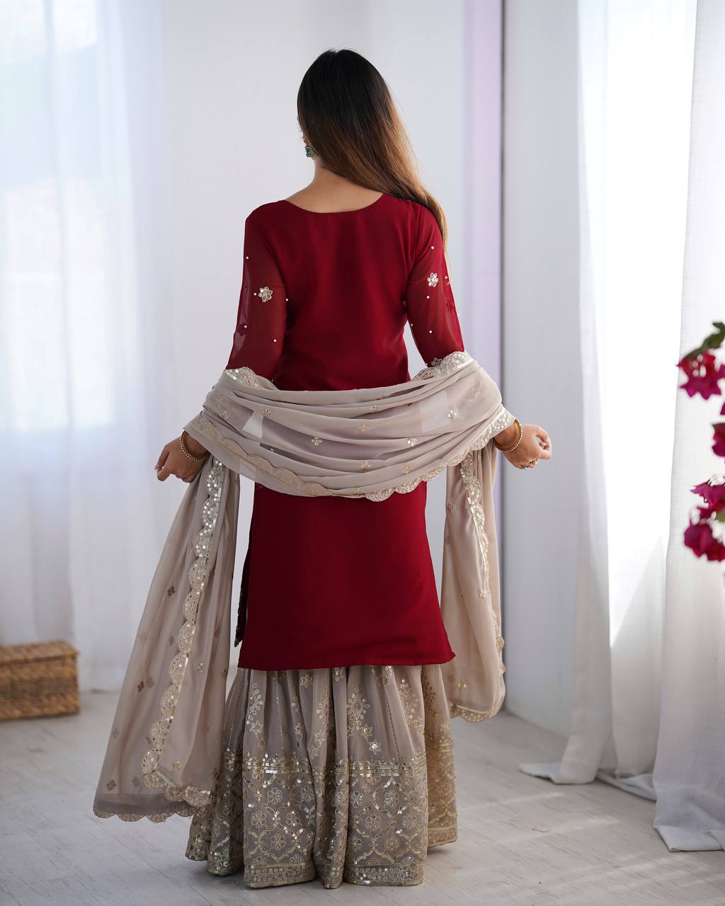 Heavy Maroon Faux Georgette Sharara Suit with 5mm Embroidery Sequence – Fully Stitched Set