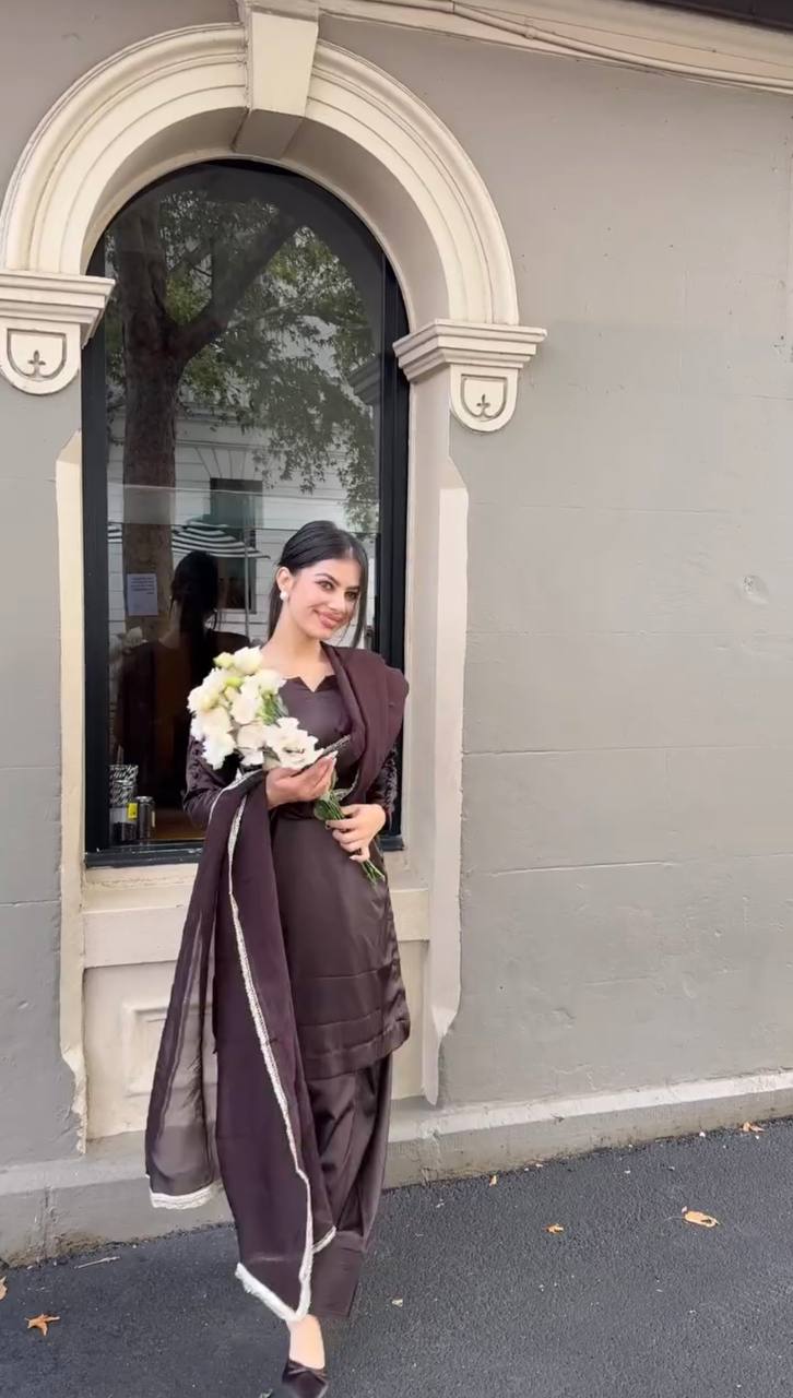 Japan Satin Brown Farshi Pant Suit with Blooming Georgette Dupatta – Fully Stitched