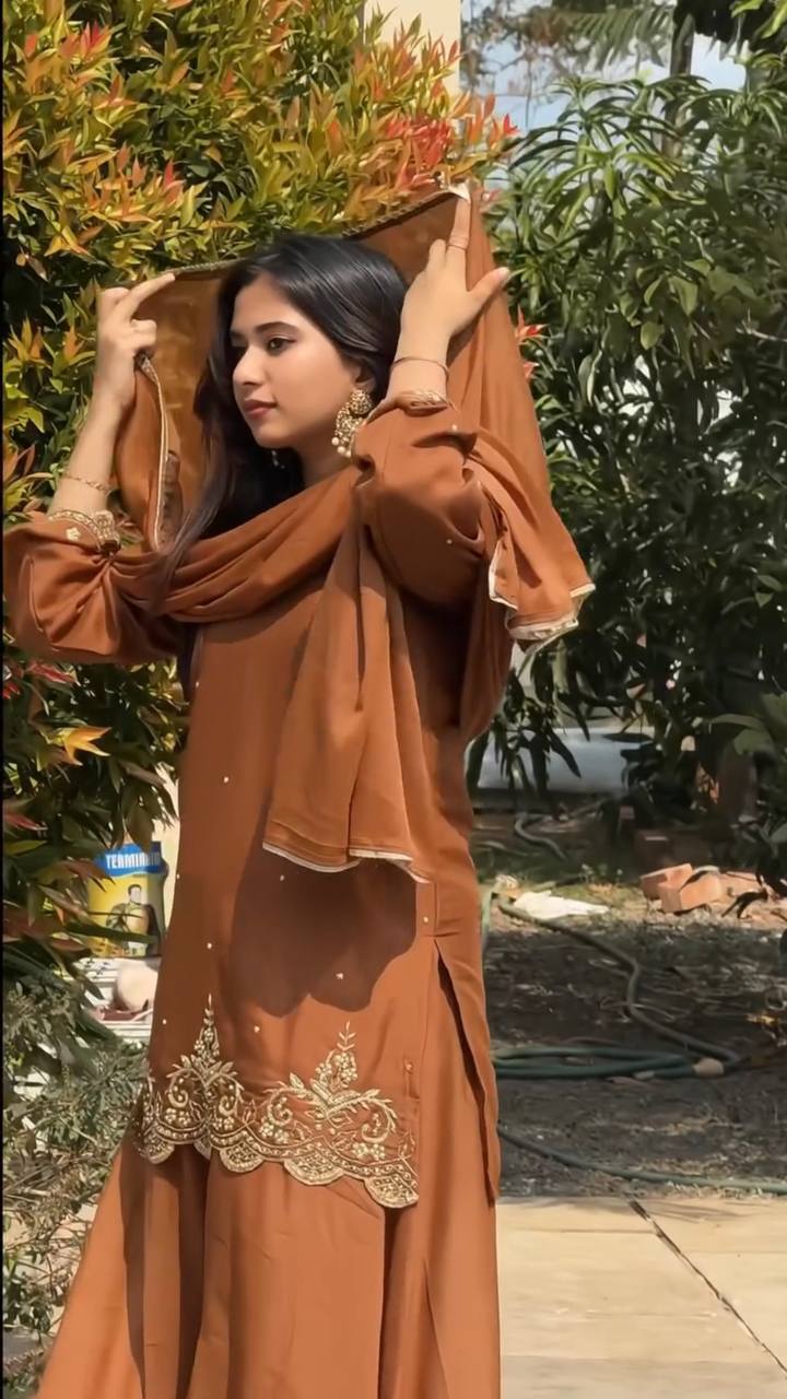 Faux Georgette Sharara Suit with Moti & Sequence Work – Fully Stitched Set