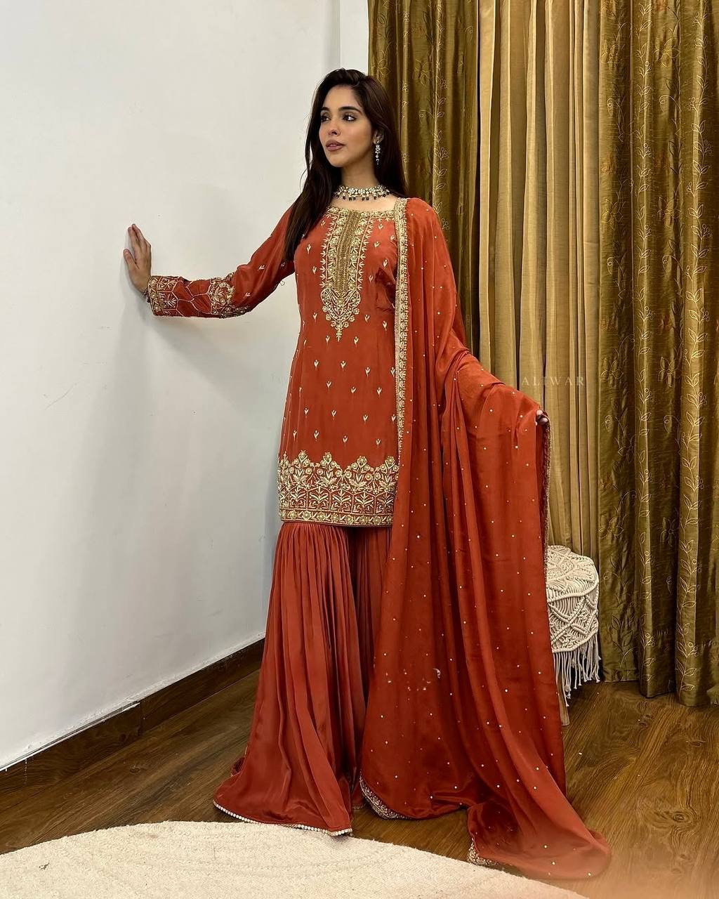 Pure Simmer Silk Sharara Suit with Embroidery & Moti Work – Fully Stitched
