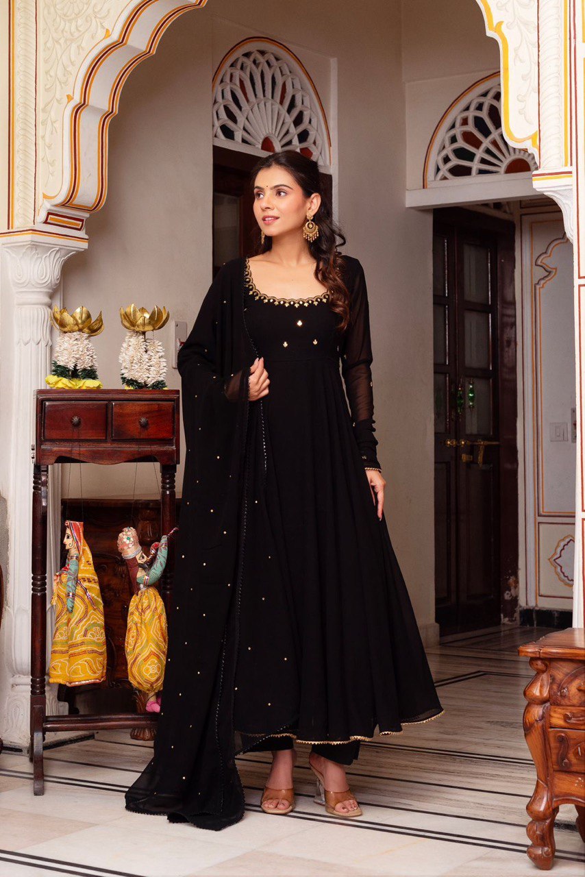 Black Faux Georgette Handwork Suit Set with Rivet Moti Dupatta – Fully Stitched