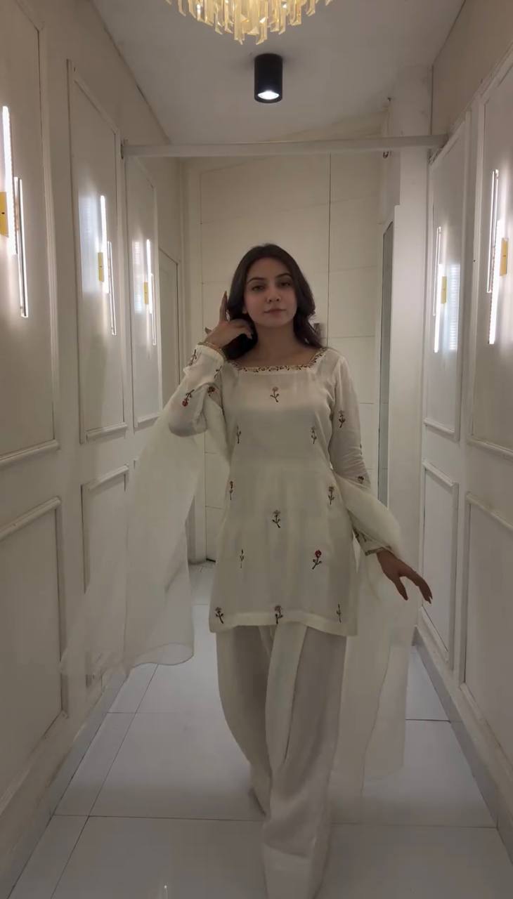 White Chinnon Silk Embroidered Top with Farshi Pant and Organza Silk Dupatta