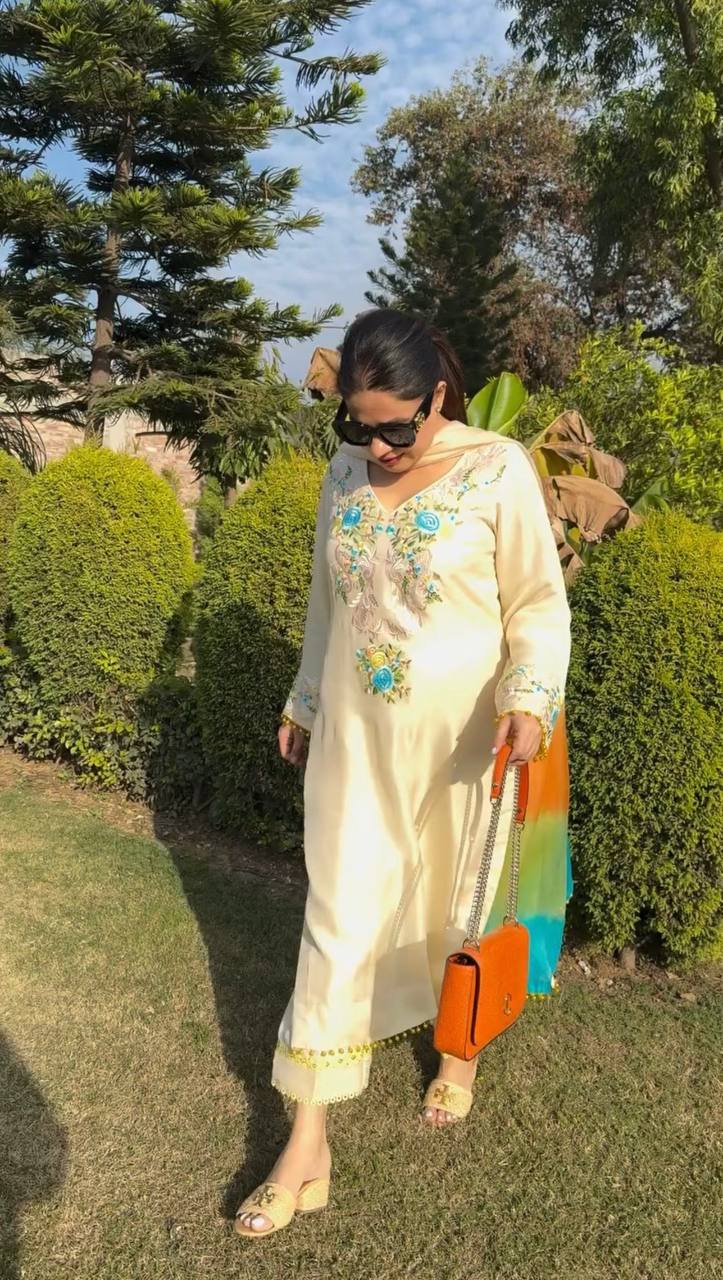 Moss Satin Embroidered Top with Pant and Organza Silk Dupatta