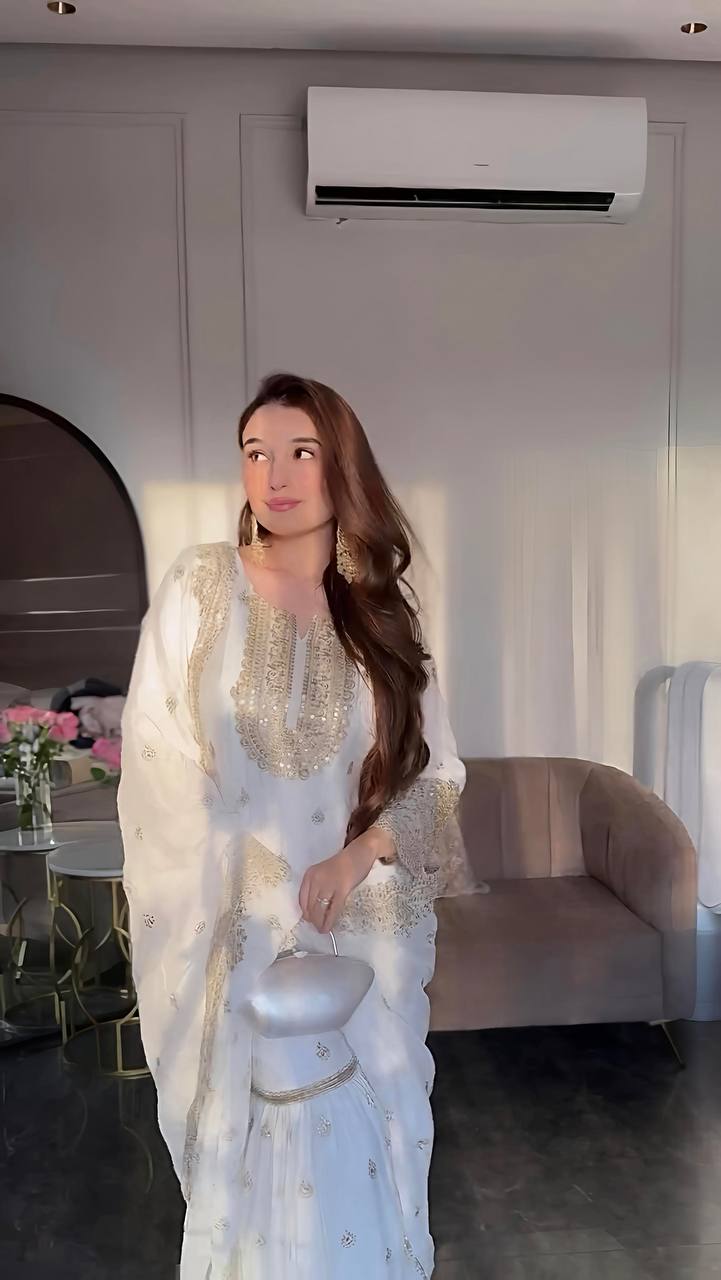 Chinnon Silk Embroidered White Sharara Suit with Dupatta