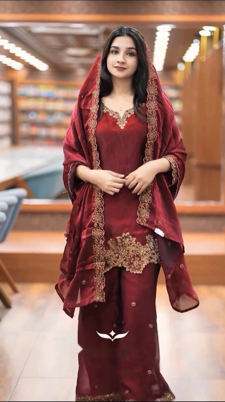 Maroon Jimmy Choo Silk Embroidered Suit with Dupatta