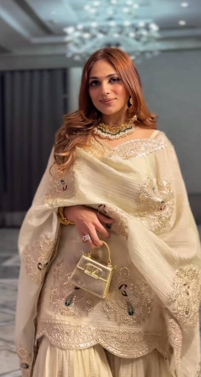 Cream Chinnon Silk Embroidered Suit with Dupatta