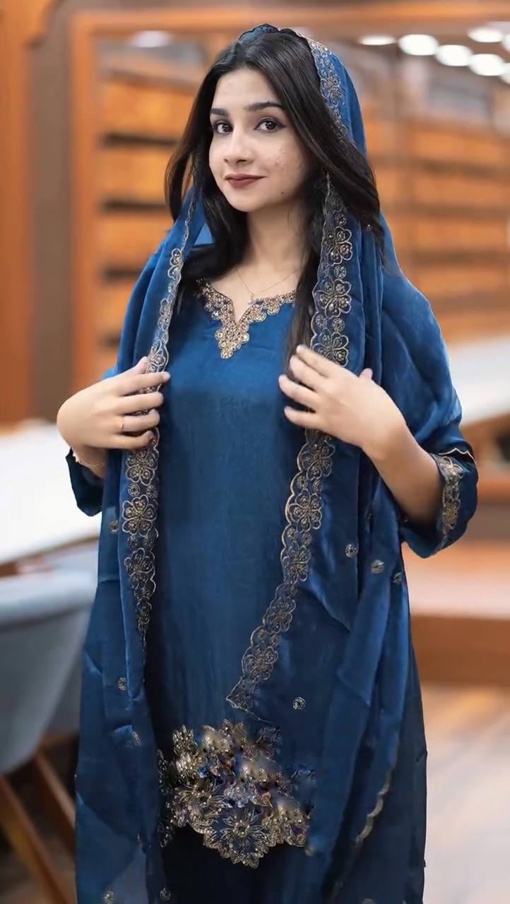 Blue Jimmy Choo Silk Embroidered Suit with Dupatta
