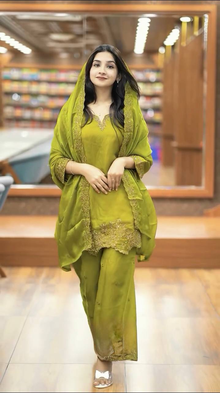 Green Jimmy Choo Silk Embroidered Suit with Dupatta