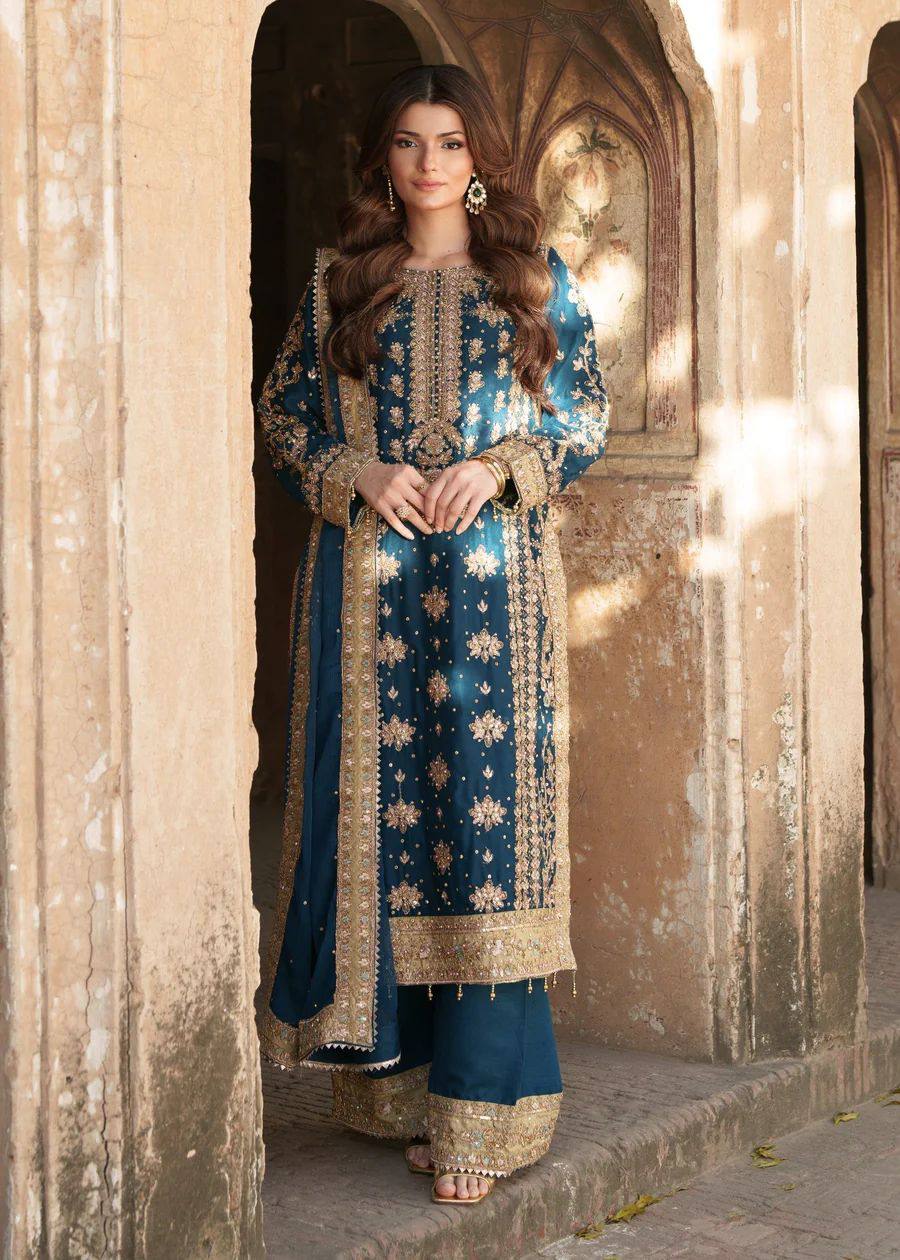 Heavy Bottle Green Georgette Embroidered Suit with Moti Work