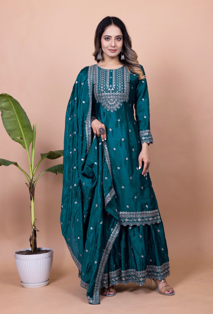 Firozi Blue Chinon Sharara Suit with Heavy Sequence Embroidery