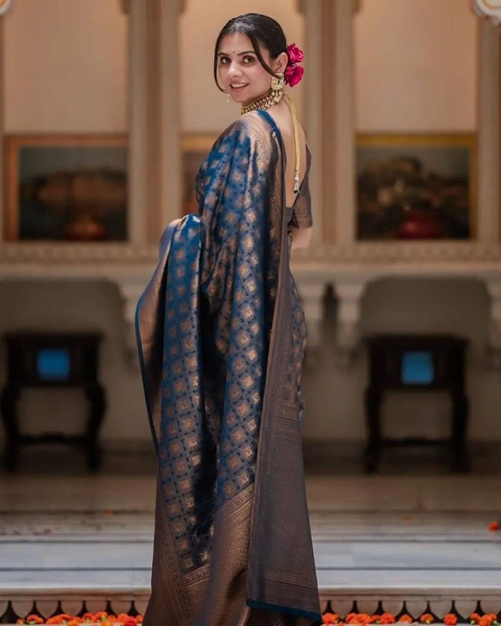 Soft Lichi Silk Blue Saree with Rich Pallu & Heavy Brocade Jacquard Blouse