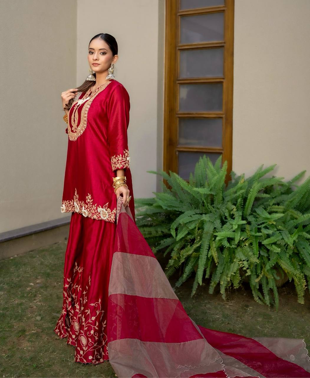 Heavy Red Chinon Silk Sharara Suit with Embroidery and Printed Organza Dupatta