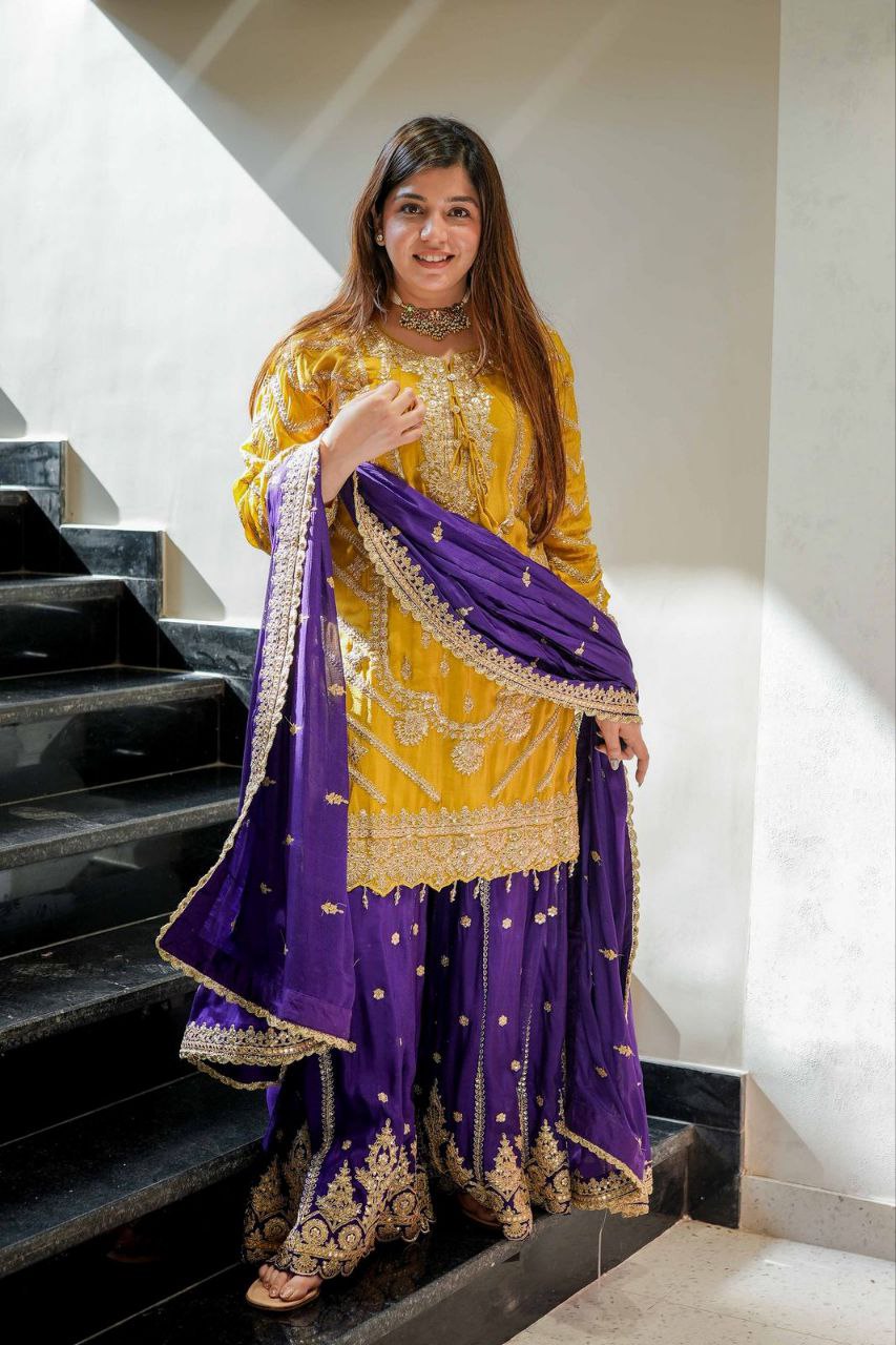 Heavy Yellow Chinon Silk Sharara Suit with Embroidery and Printed Dupatta