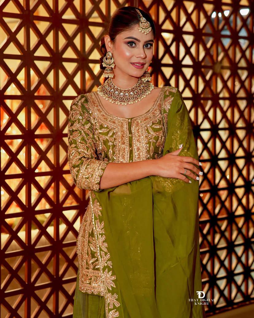 Elegant Heavy Green Chinon Silk Sharara Suit with Embroidery & Printed Dupatta