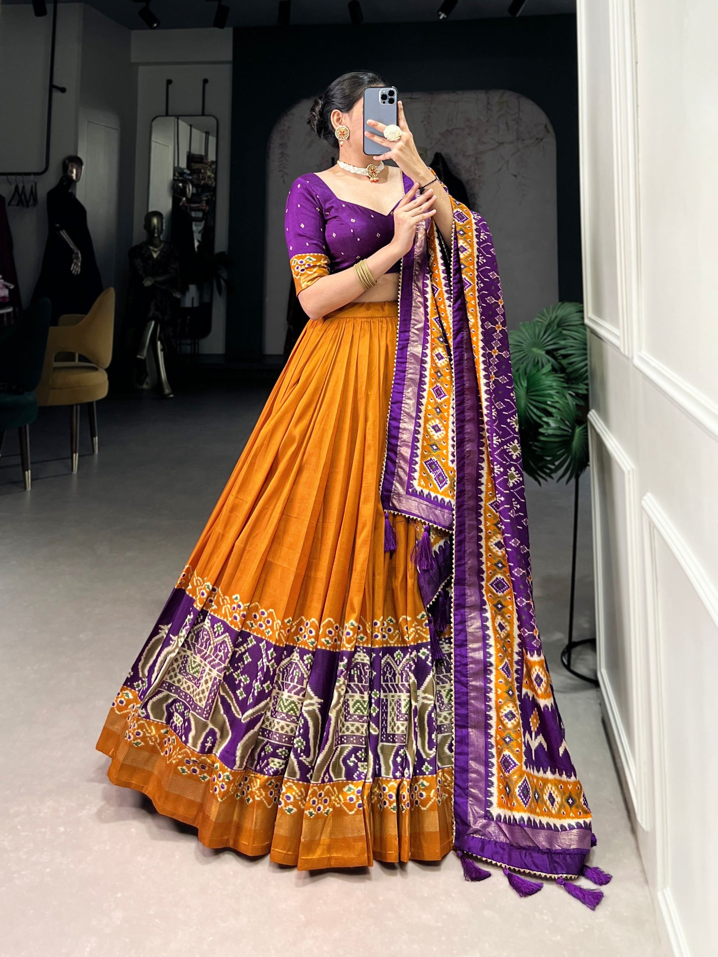 Patola Printed Mustard Yellow Tussar Silk Lehenga Set with Gotta Patti Dupatta