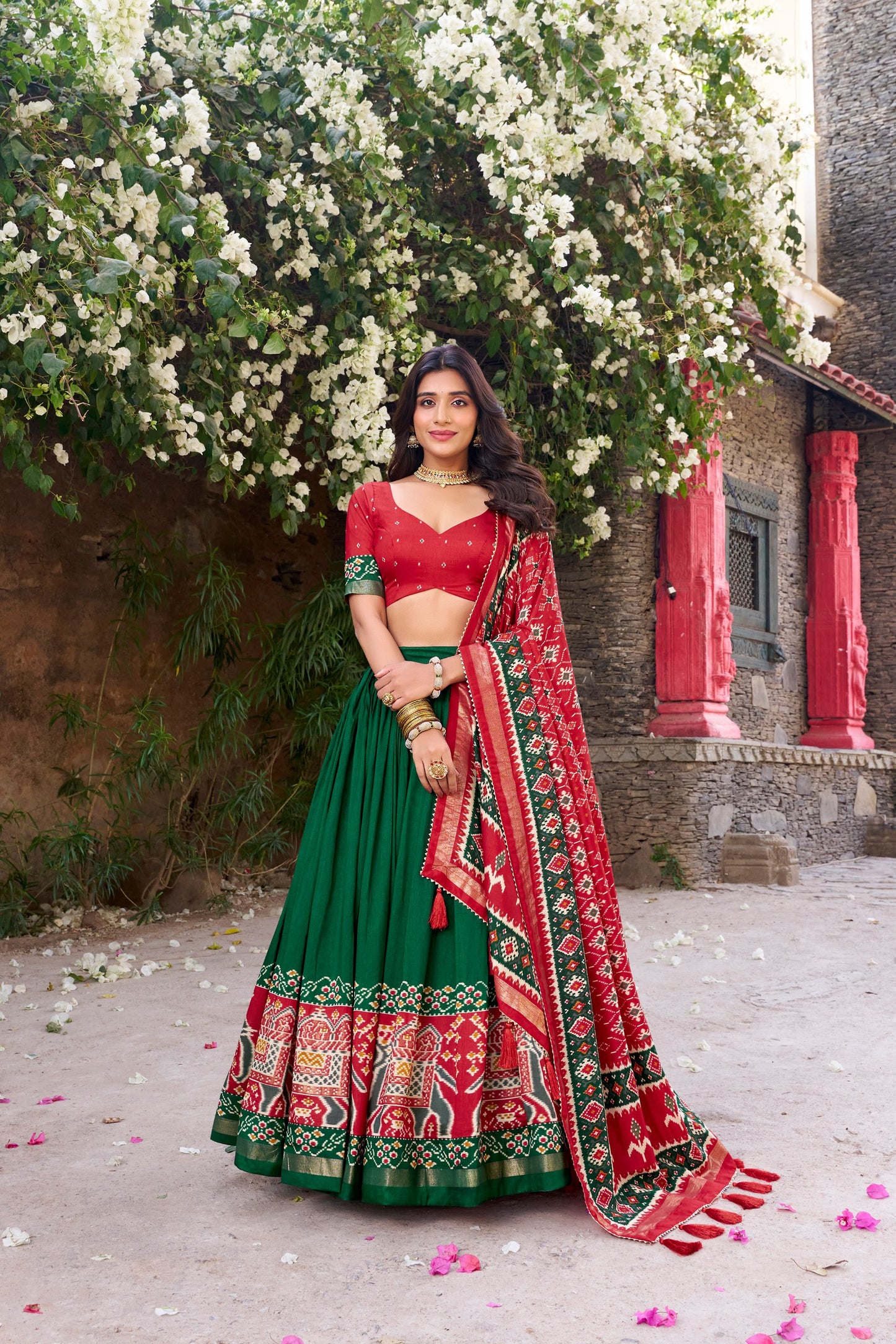 Patola Printed Green Tussar Silk Lehenga Set with Gotta Patti Dupatta