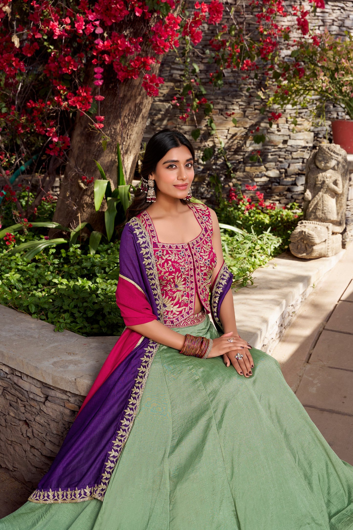 Vichitra Silk Lehenga Set with Embroidered Belt and Dupatta