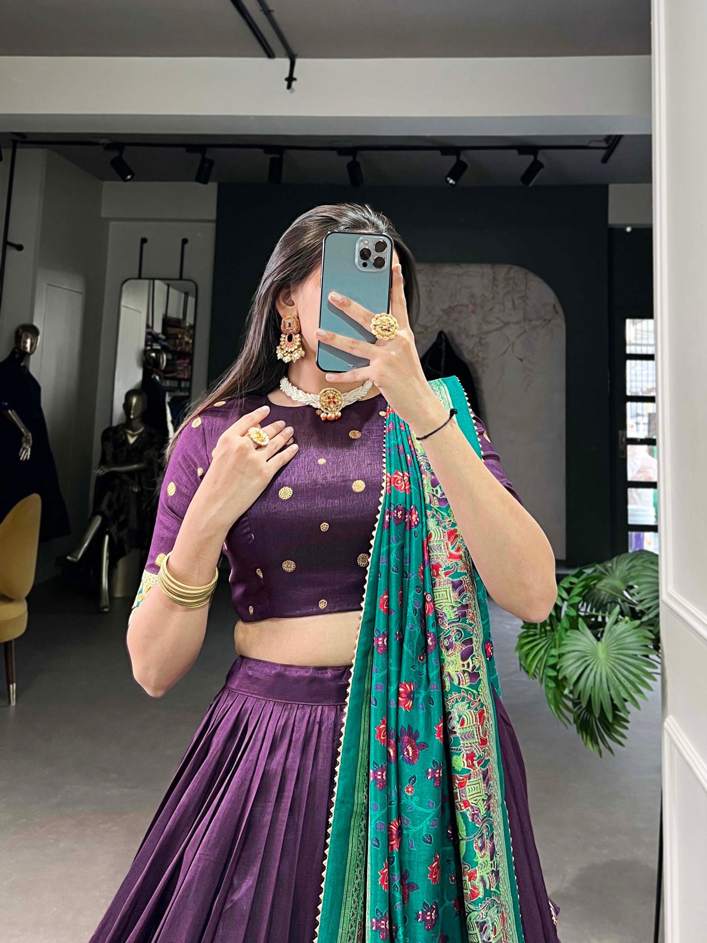 Purple Tussar Silk Lehenga Set with Printed Foil Work and Gotta Patti Dupatta