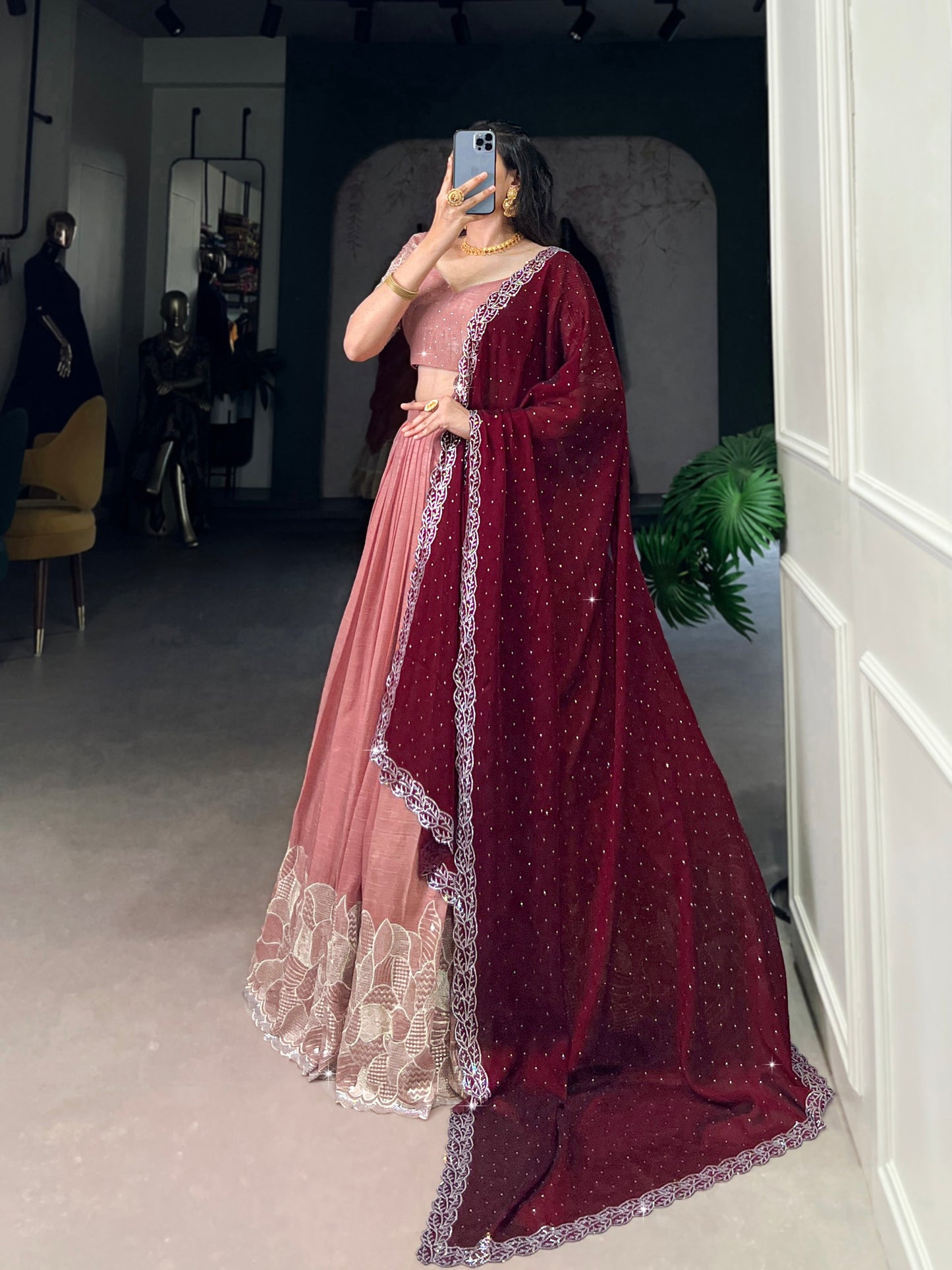 Silver Glosy Embroidered Peach Lehenga Set with Hotfix Rangoli Silk Dupatta
