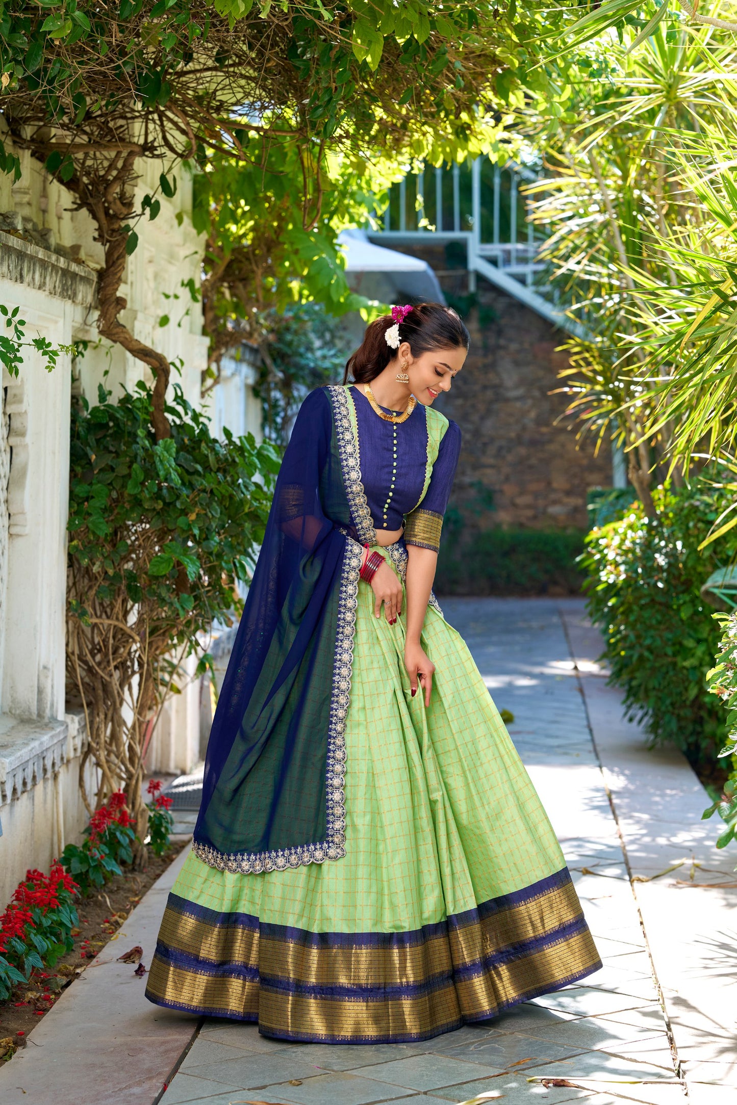 Zari Chex Pista Green Lehenga Set with Stitched Blouse and Embroidered Georgette Dupatta